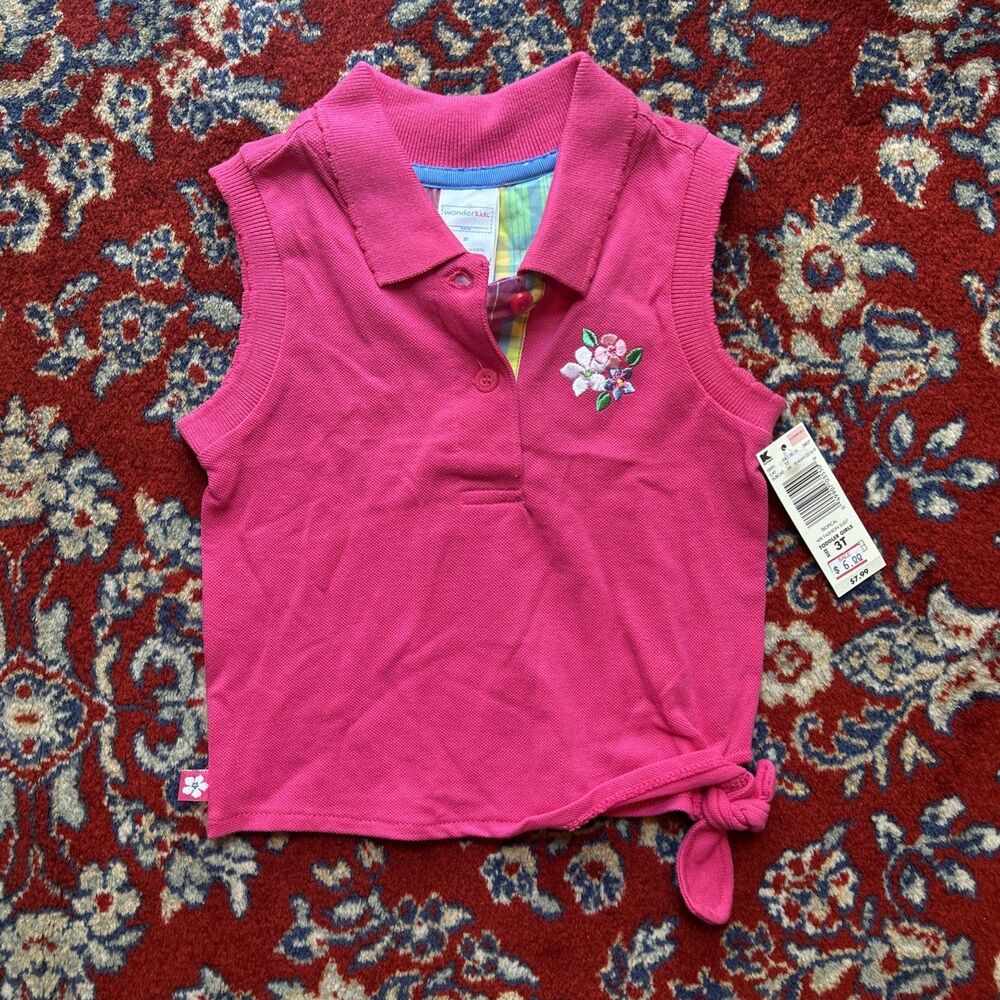 Vintage Y2K Collared Tank Top Pink Embroidered Floral Top Girls 3T NWT 2007